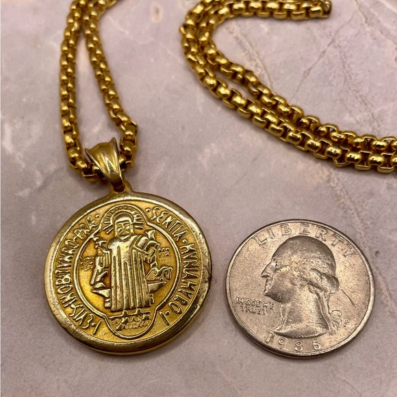 Gold Tone Saint Benedict Pendant Necklace. For Spiritual Protection. 24 inches - Picture 5 of 5